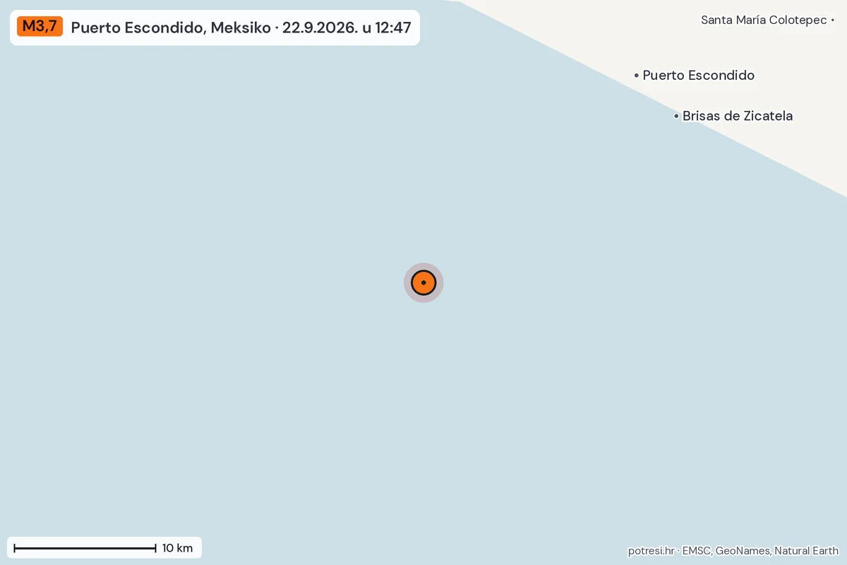 Karta: okolica epicentra, 60 km, potres M3,7, Puerto Escondido, Meksiko, 22.9.2026.