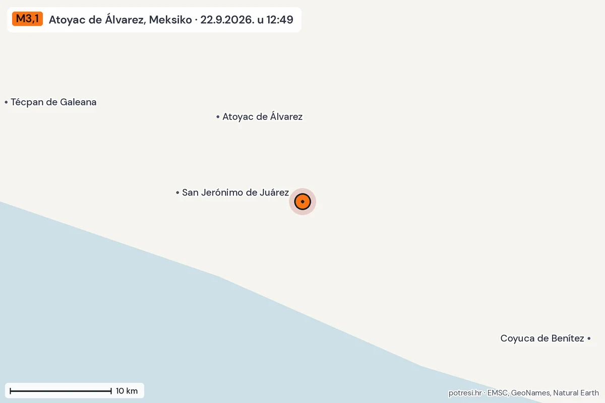 Karta: okolica epicentra, 60 km, potres M3,1, Atoyac de Álvarez, Meksiko, 22.9.2026.