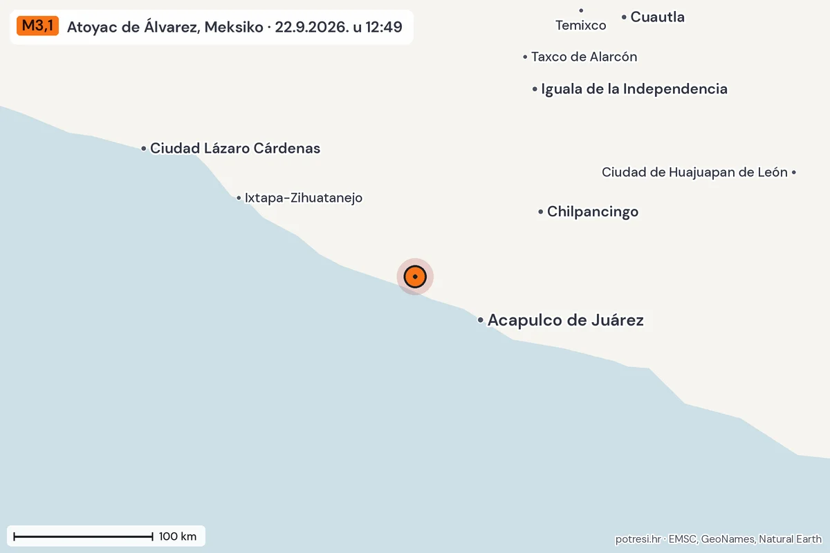Karta: šire područje, 600 km, potres M3,1, Atoyac de Álvarez, Meksiko, 22.9.2026.