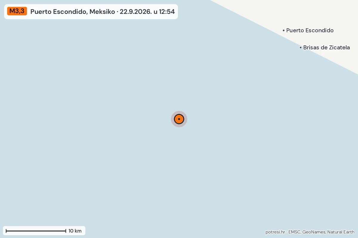 Karta: okolica epicentra, 60 km, potres M3,3, Puerto Escondido, Meksiko, 22.9.2026.