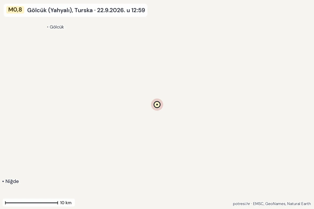 Karta: okolica epicentra, 60 km, potres M0,8, Gölcük (Yahyalı), Turska, 22.9.2026.