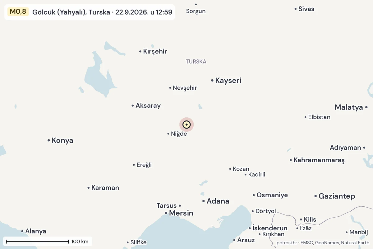 Karta: šire područje, 600 km, potres M0,8, Gölcük (Yahyalı), Turska, 22.9.2026.