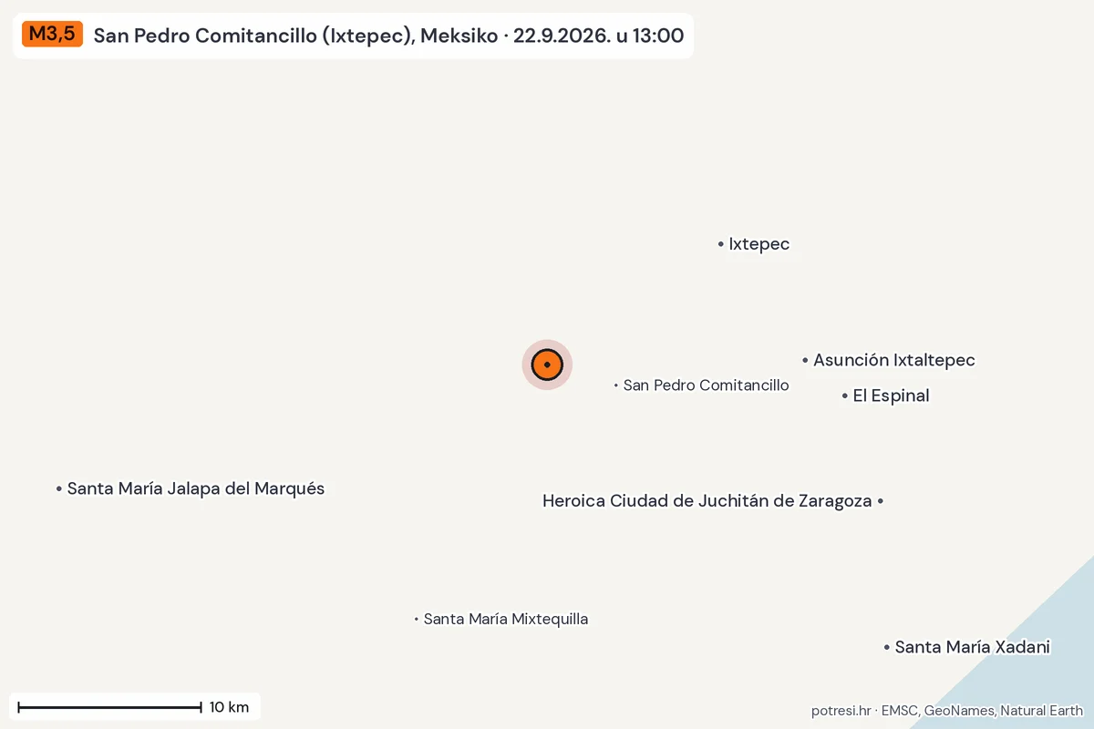 Karta: okolica epicentra, 60 km, potres M3,5, San Pedro Comitancillo (Ixtepec), Meksiko, 22.9.2026.