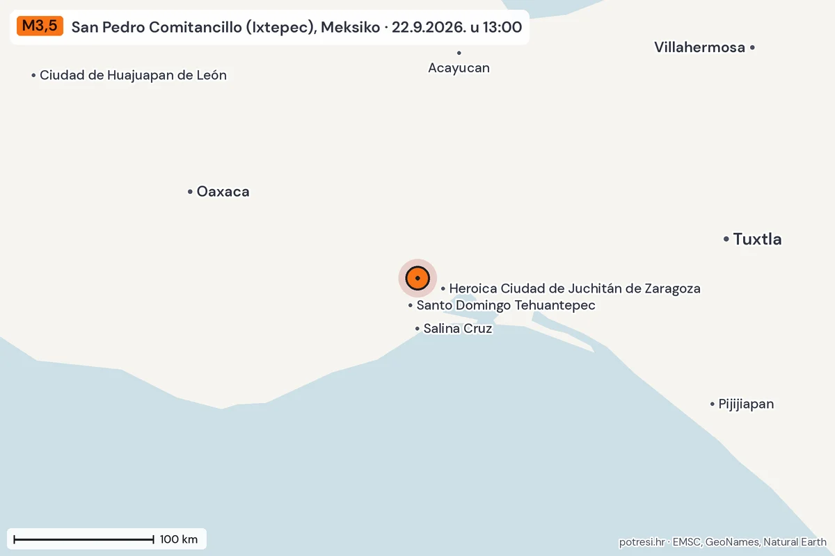 Karta: šire područje, 600 km, potres M3,5, San Pedro Comitancillo (Ixtepec), Meksiko, 22.9.2026.