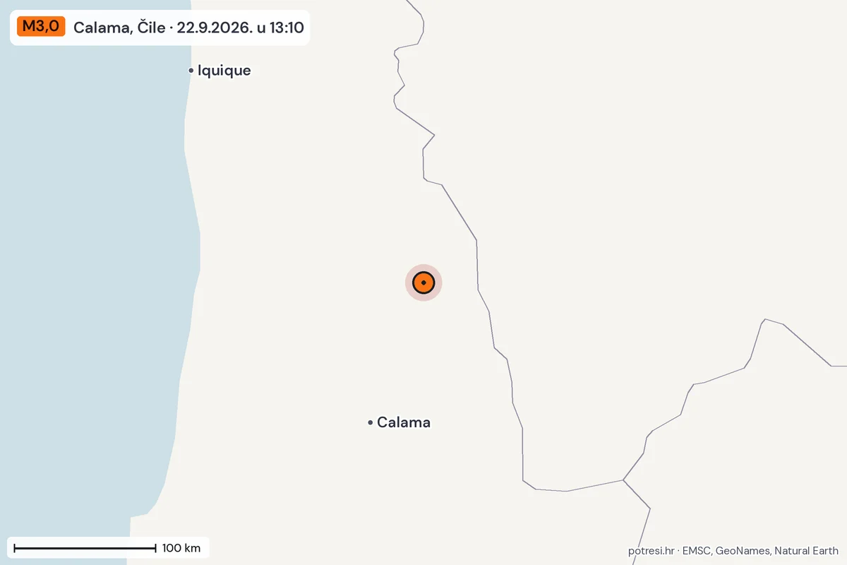 Karta: šire područje, 600 km, potres M3,0, Calama, Čile, 22.9.2026.