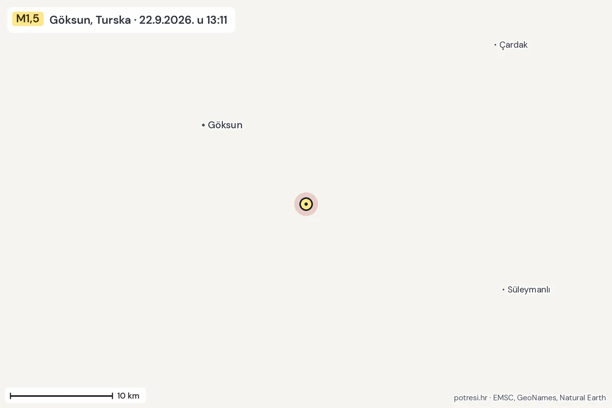 Karta: okolica epicentra, 60 km, potres M1,5, Göksun, Turska, 22.9.2026.