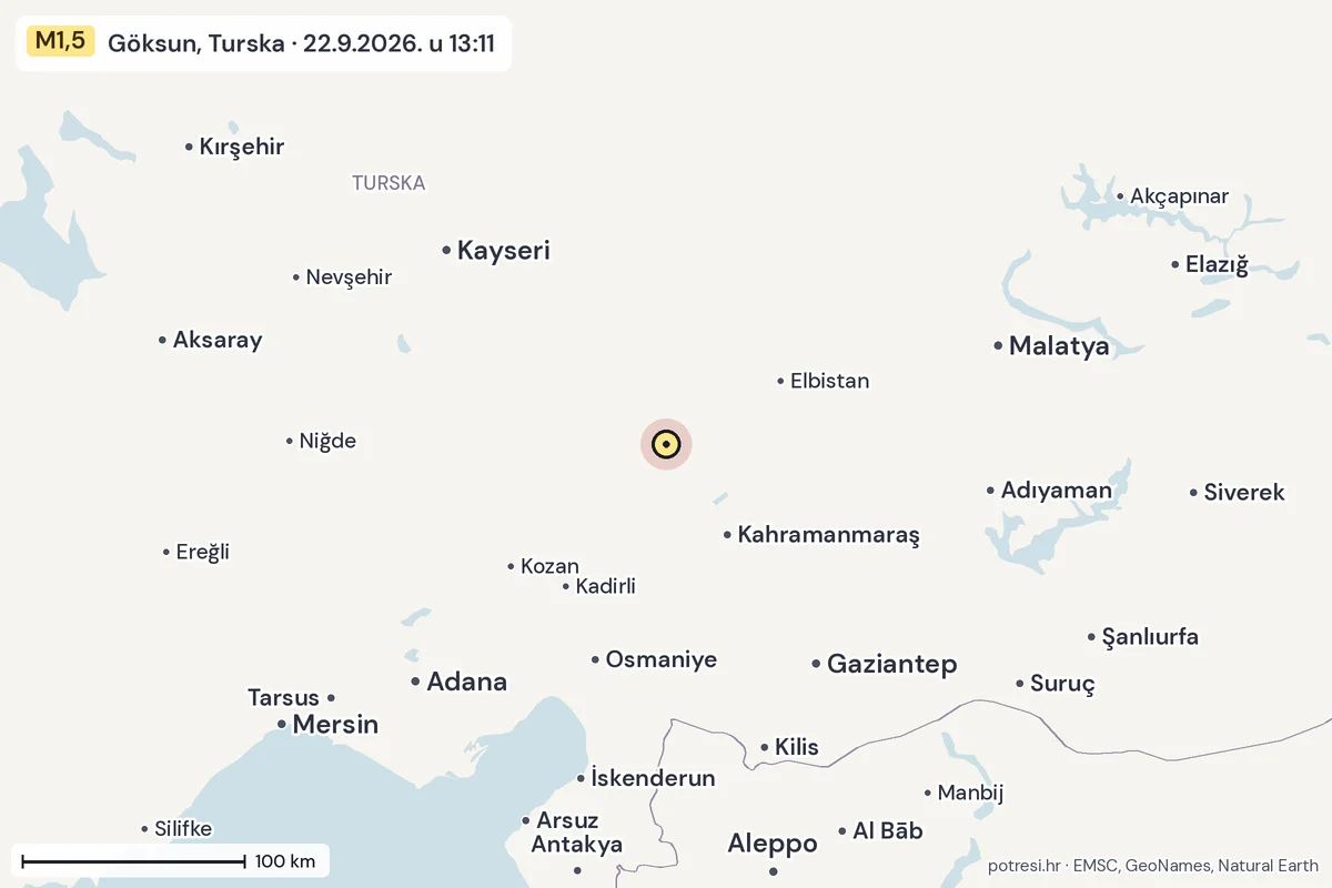 Karta: šire područje, 600 km, potres M1,5, Göksun, Turska, 22.9.2026.