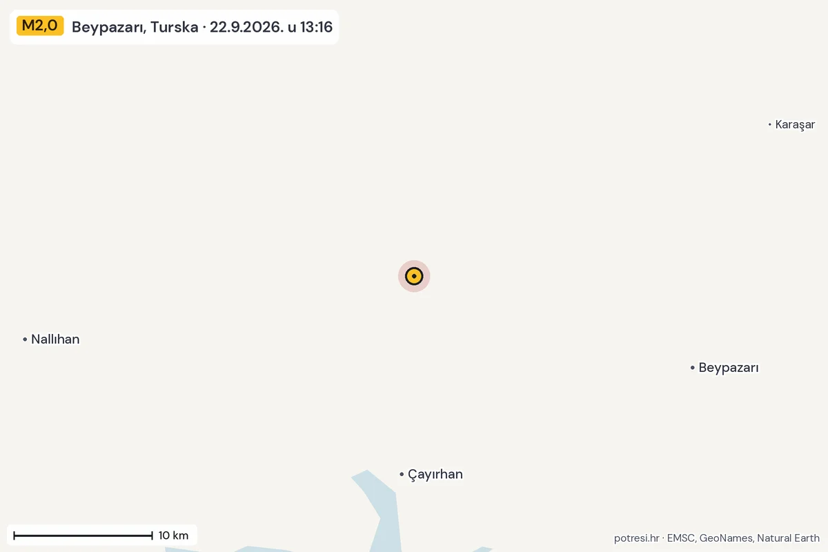 Karta: okolica epicentra, 60 km, potres M2,0, Beypazarı, Turska, 22.9.2026.