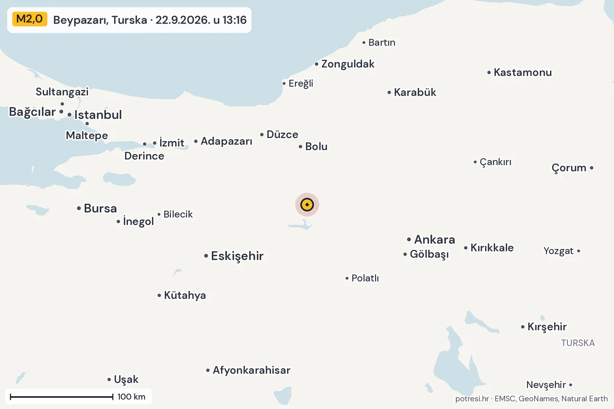 Karta: šire područje, 600 km, potres M2,0, Beypazarı, Turska, 22.9.2026.