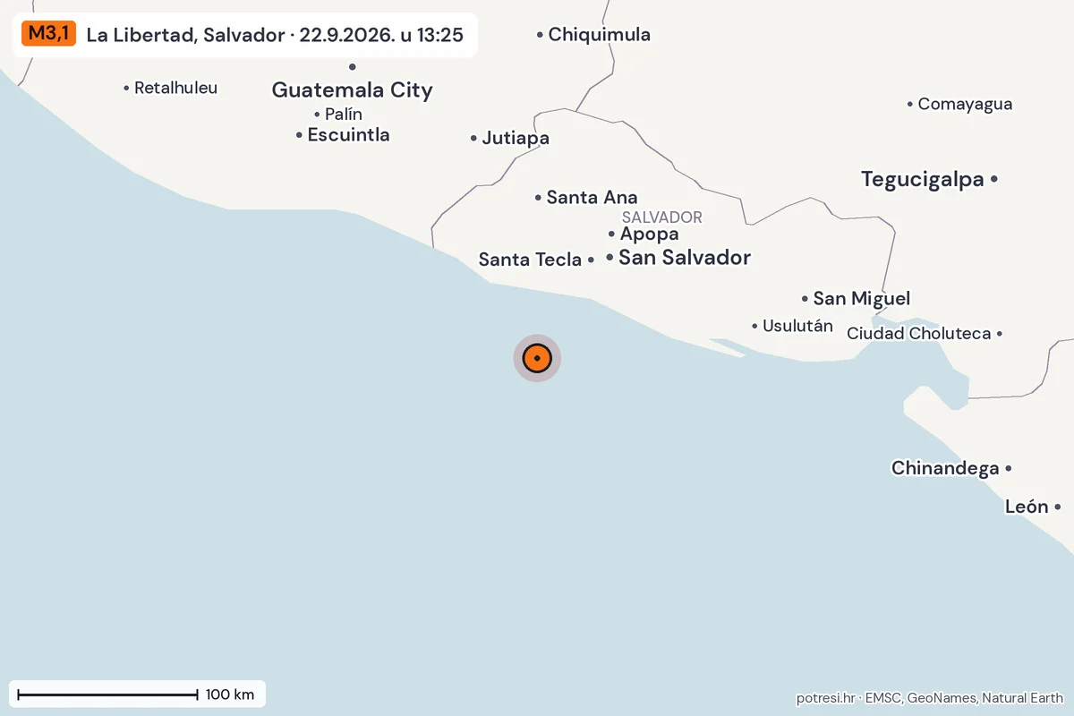 Karta: šire područje, 600 km, potres M3,1, La Libertad, Salvador, 22.9.2026.