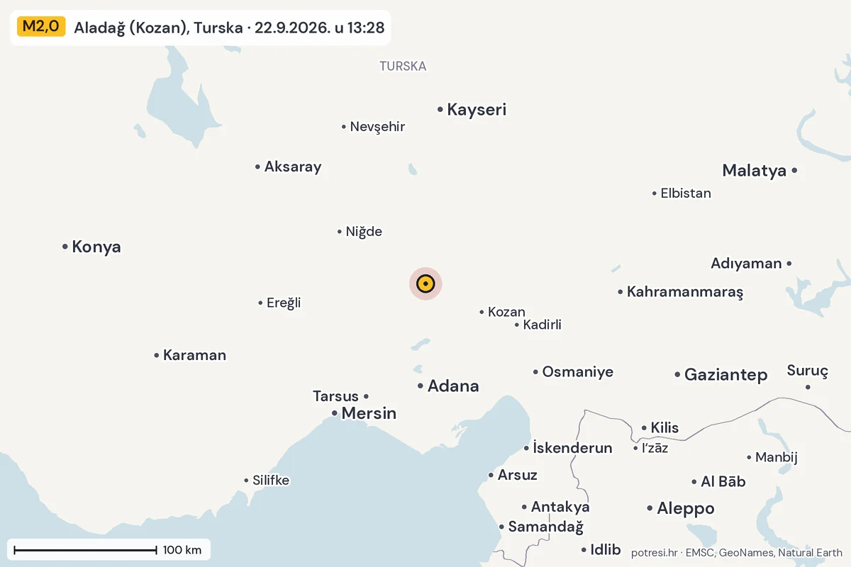 Karta: šire područje, 600 km, potres M2,0, Aladağ (Kozan), Turska, 22.9.2026.