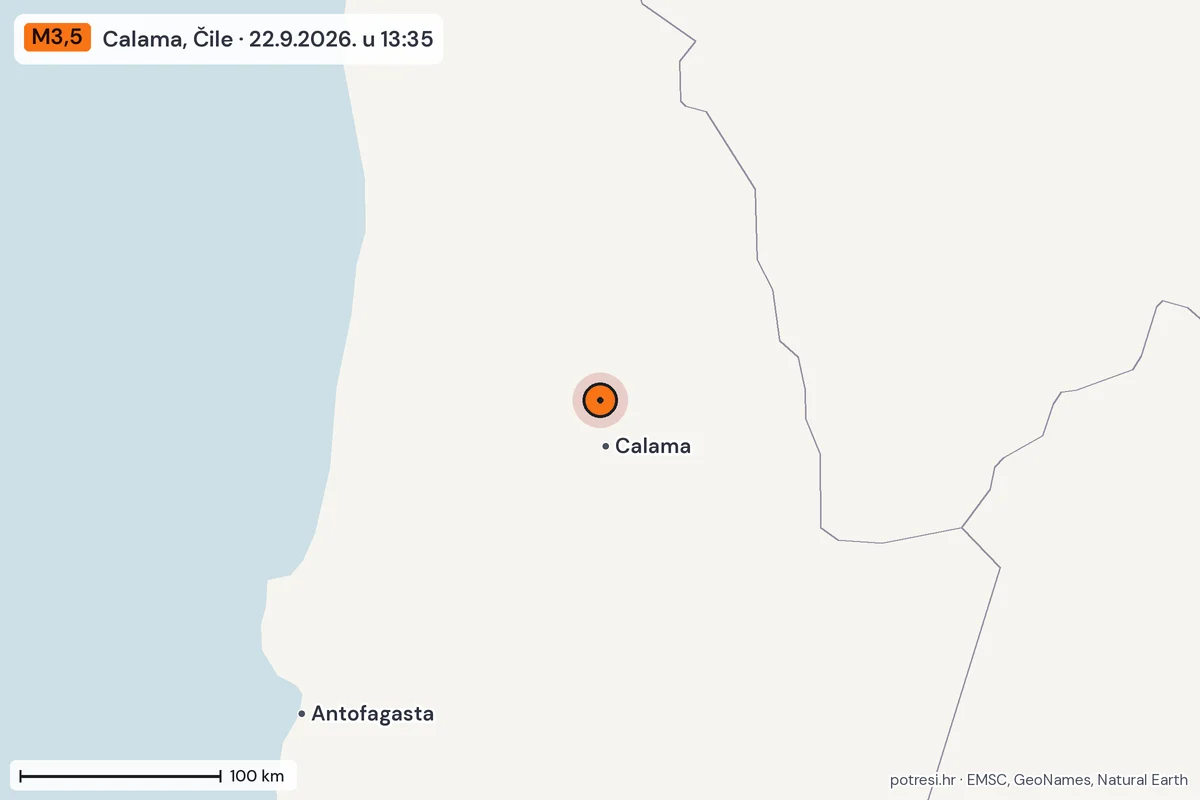 Karta: šire područje, 600 km, potres M3,5, Calama, Čile, 22.9.2026.