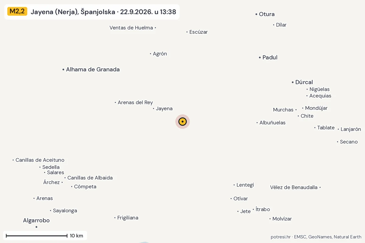 Karta: okolica epicentra, 60 km, potres M2,2, Jayena (Nerja), Španjolska, 22.9.2026.