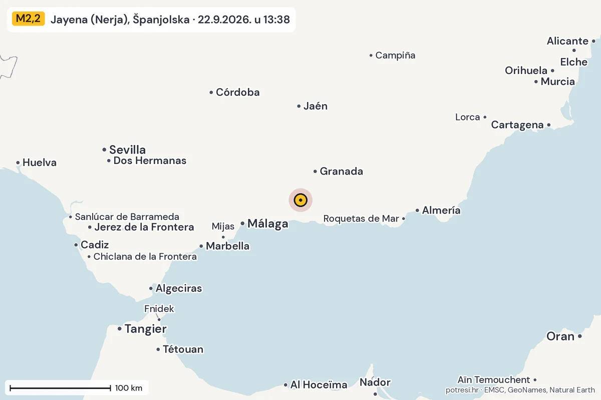 Karta: šire područje, 600 km, potres M2,2, Jayena (Nerja), Španjolska, 22.9.2026.