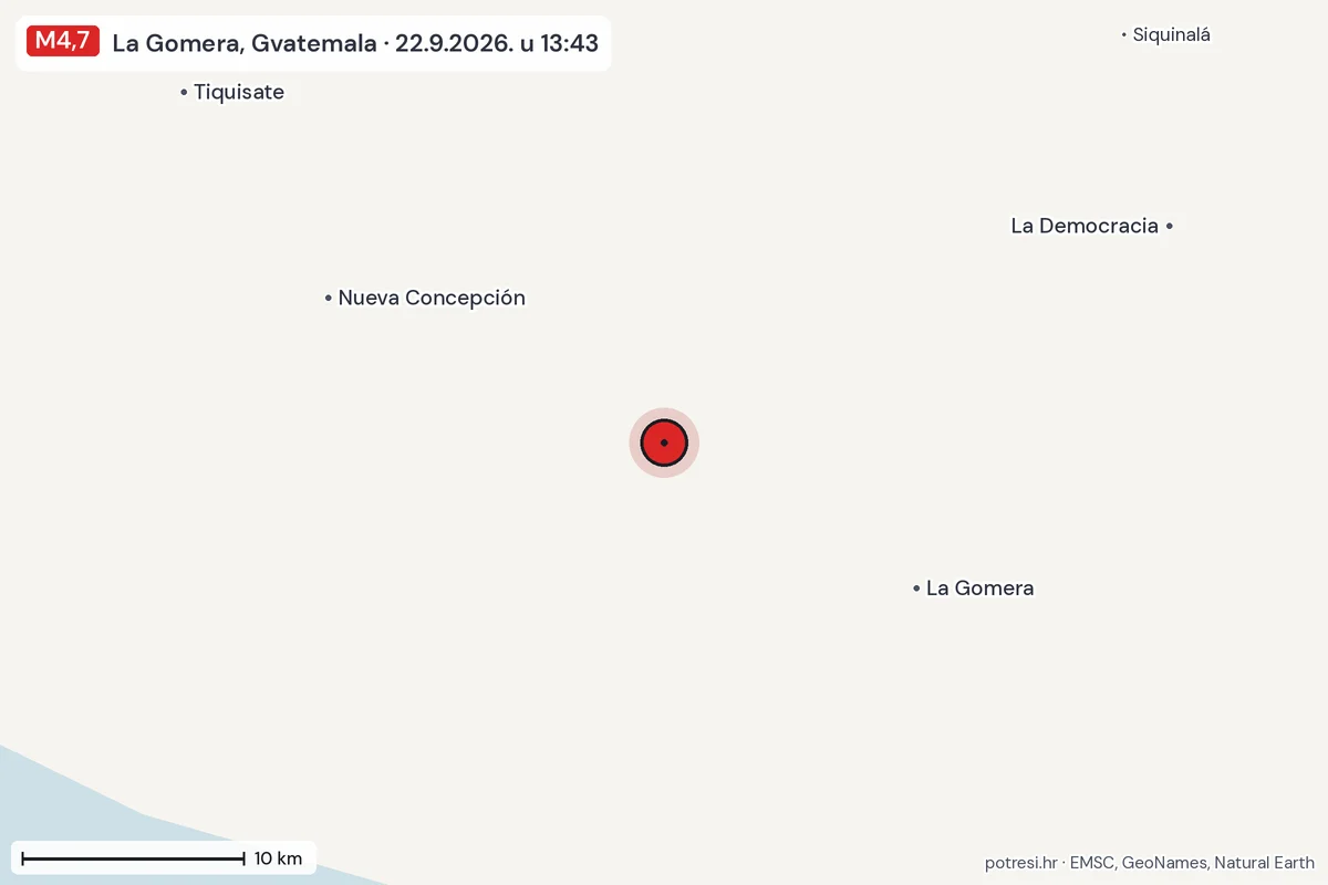 Karta: okolica epicentra, 60 km, potres M4,7, La Gomera, Gvatemala, 22.9.2026.