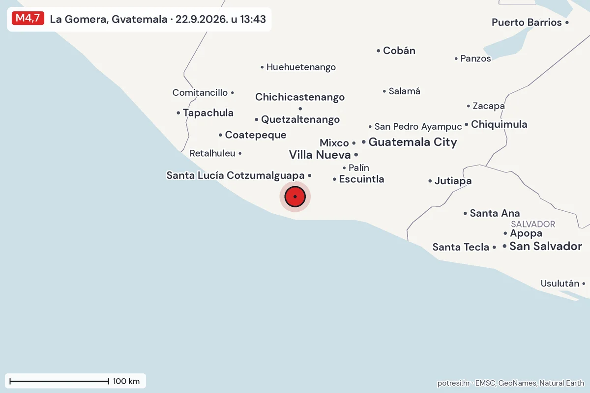 Karta: šire područje, 600 km, potres M4,7, La Gomera, Gvatemala, 22.9.2026.