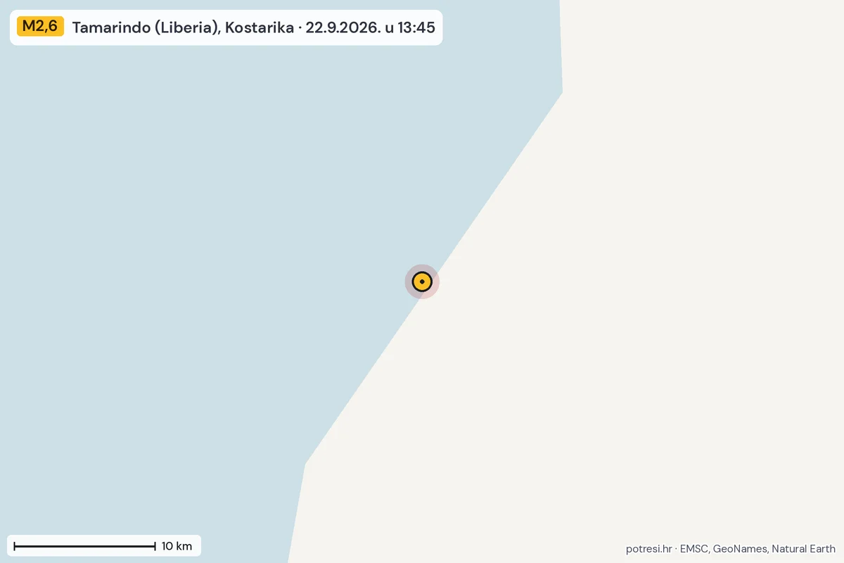 Karta: okolica epicentra, 60 km, potres M2,6, Tamarindo (Liberia), Kostarika, 22.9.2026.