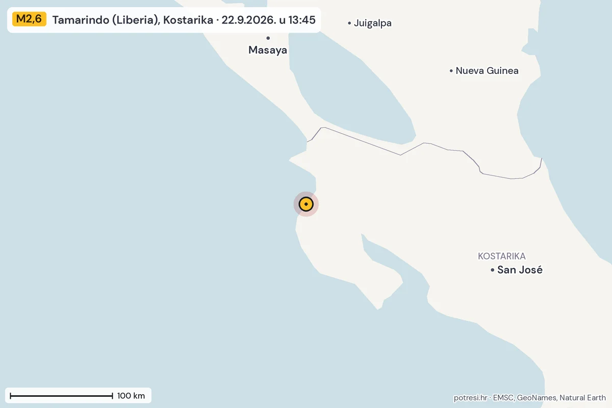 Karta: šire područje, 600 km, potres M2,6, Tamarindo (Liberia), Kostarika, 22.9.2026.