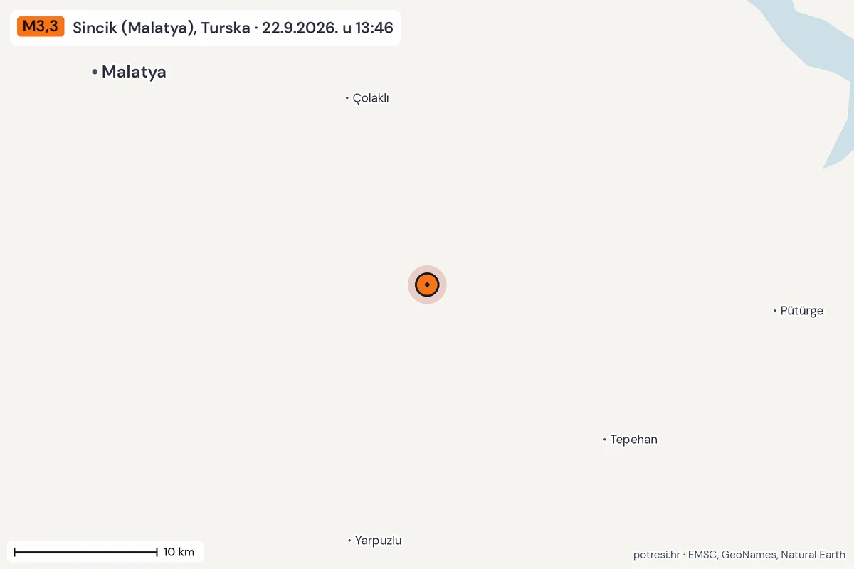 Karta: okolica epicentra, 60 km, potres M3,3, Sincik (Malatya), Turska, 22.9.2026.