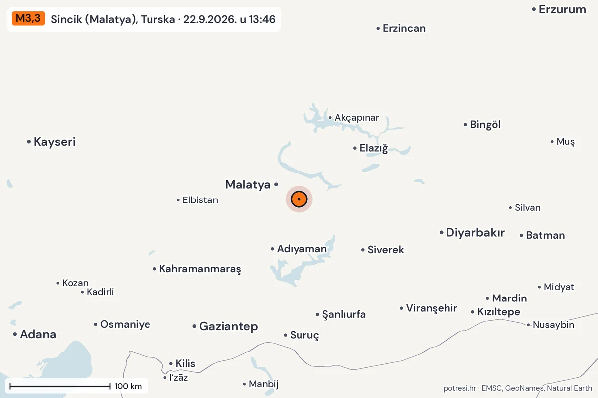 Karta: šire područje, 600 km, potres M3,3, Sincik (Malatya), Turska, 22.9.2026.