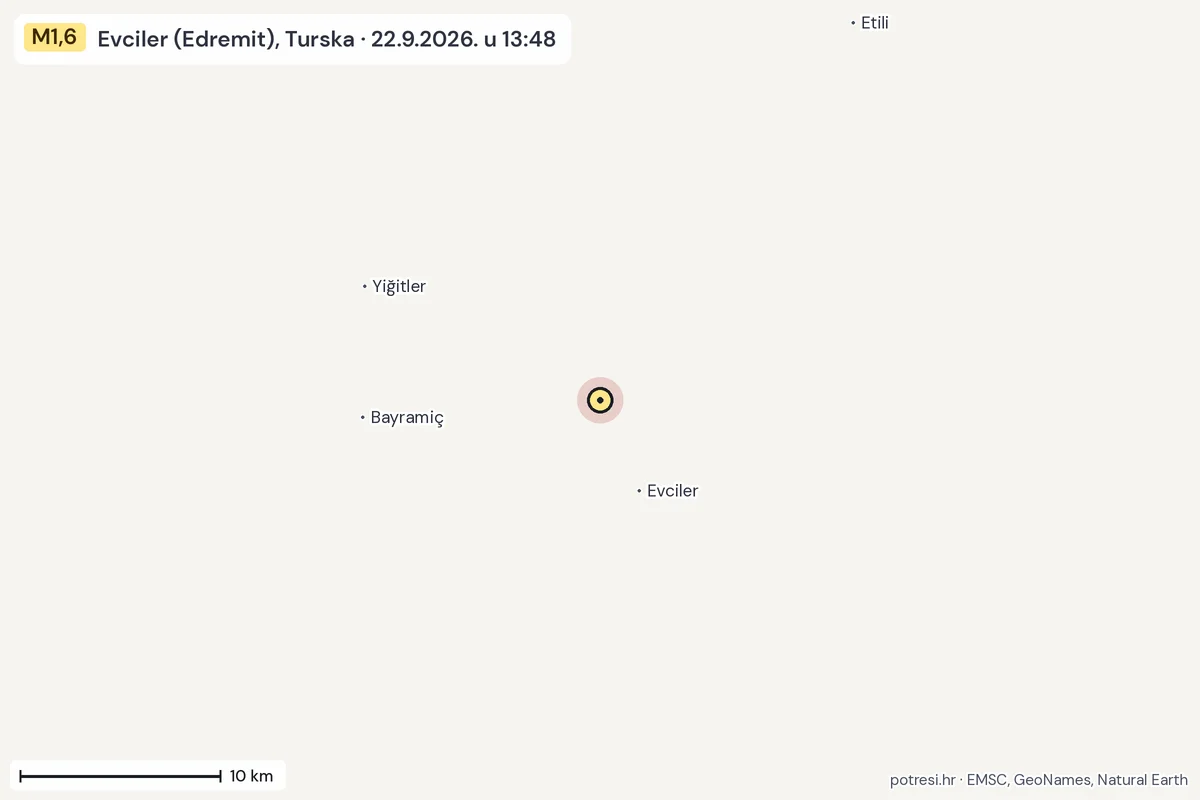Karta: okolica epicentra, 60 km, potres M1,6, Evciler (Edremit), Turska, 22.9.2026.