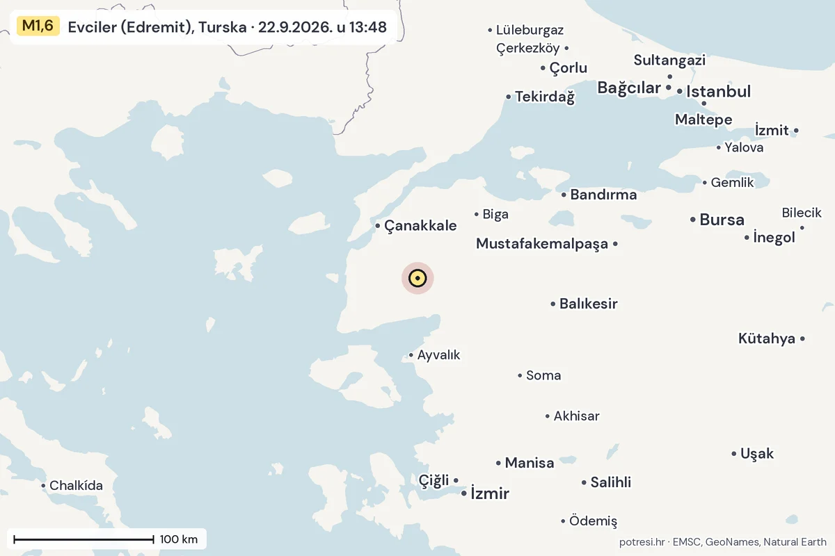 Karta: šire područje, 600 km, potres M1,6, Evciler (Edremit), Turska, 22.9.2026.