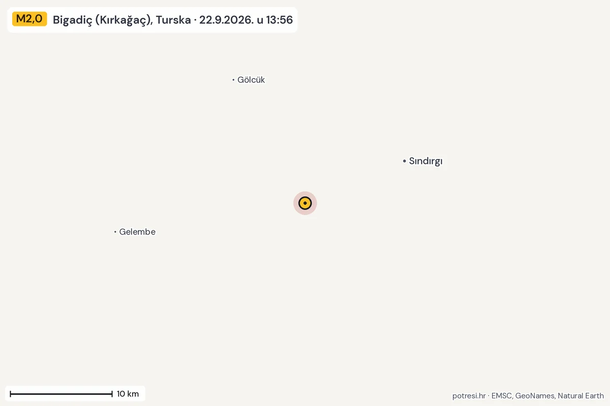 Karta: okolica epicentra, 60 km, potres M2,0, Bigadiç (Kırkağaç), Turska, 22.9.2026.