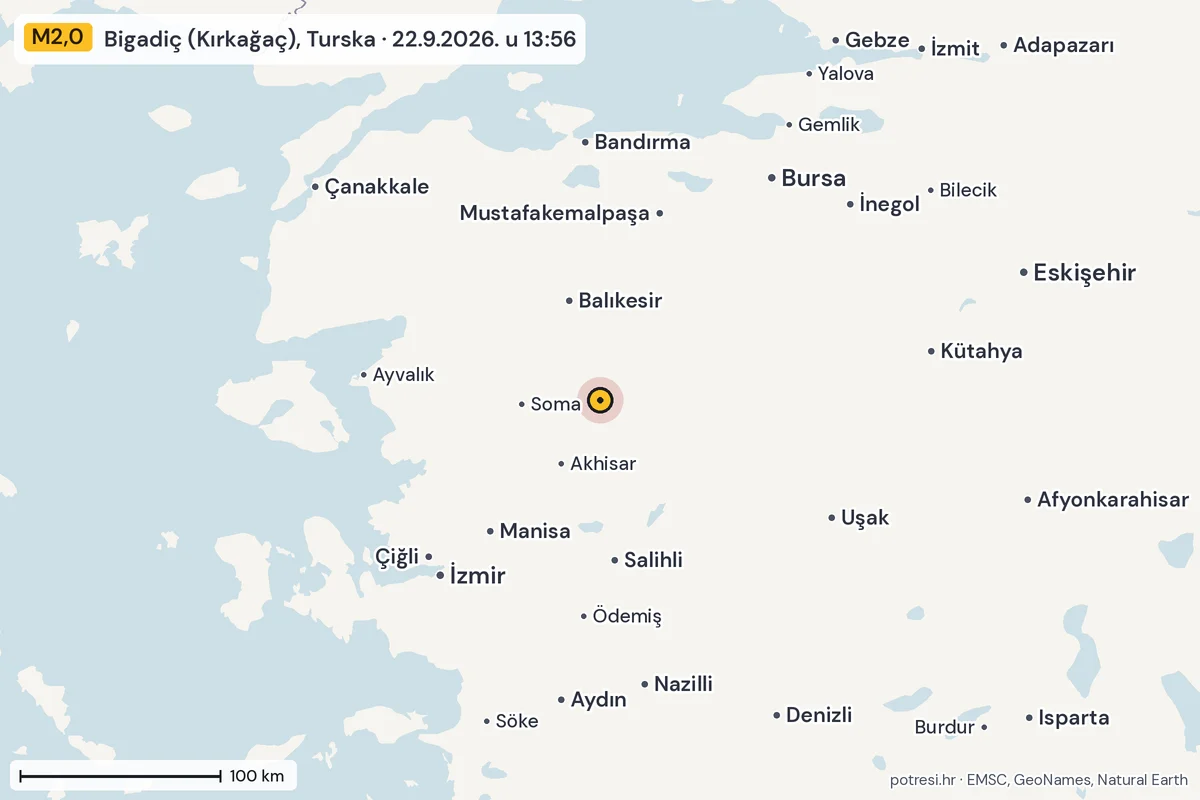 Karta: šire područje, 600 km, potres M2,0, Bigadiç (Kırkağaç), Turska, 22.9.2026.