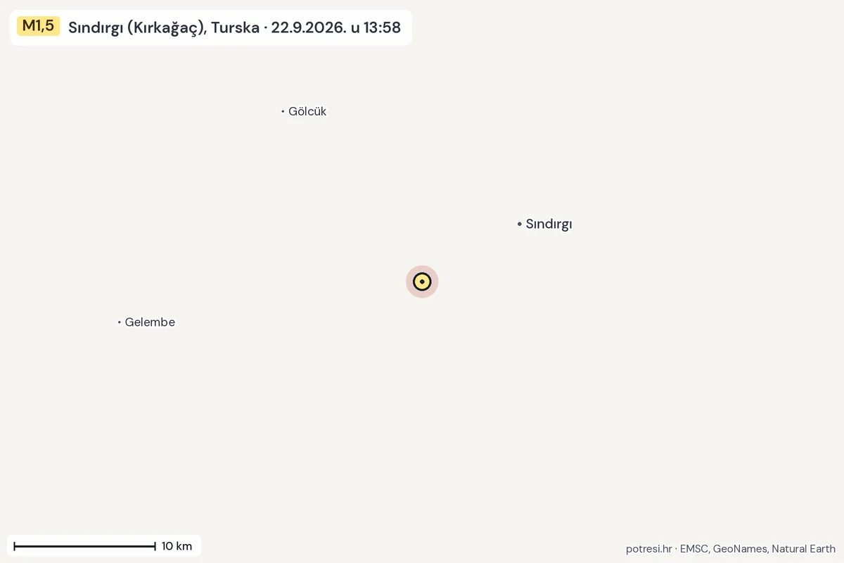 Karta: okolica epicentra, 60 km, potres M1,5, Sındırgı (Kırkağaç), Turska, 22.9.2026.