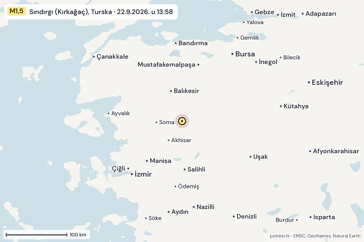 Karta: šire područje, 600 km, potres M1,5, Sındırgı (Kırkağaç), Turska, 22.9.2026.