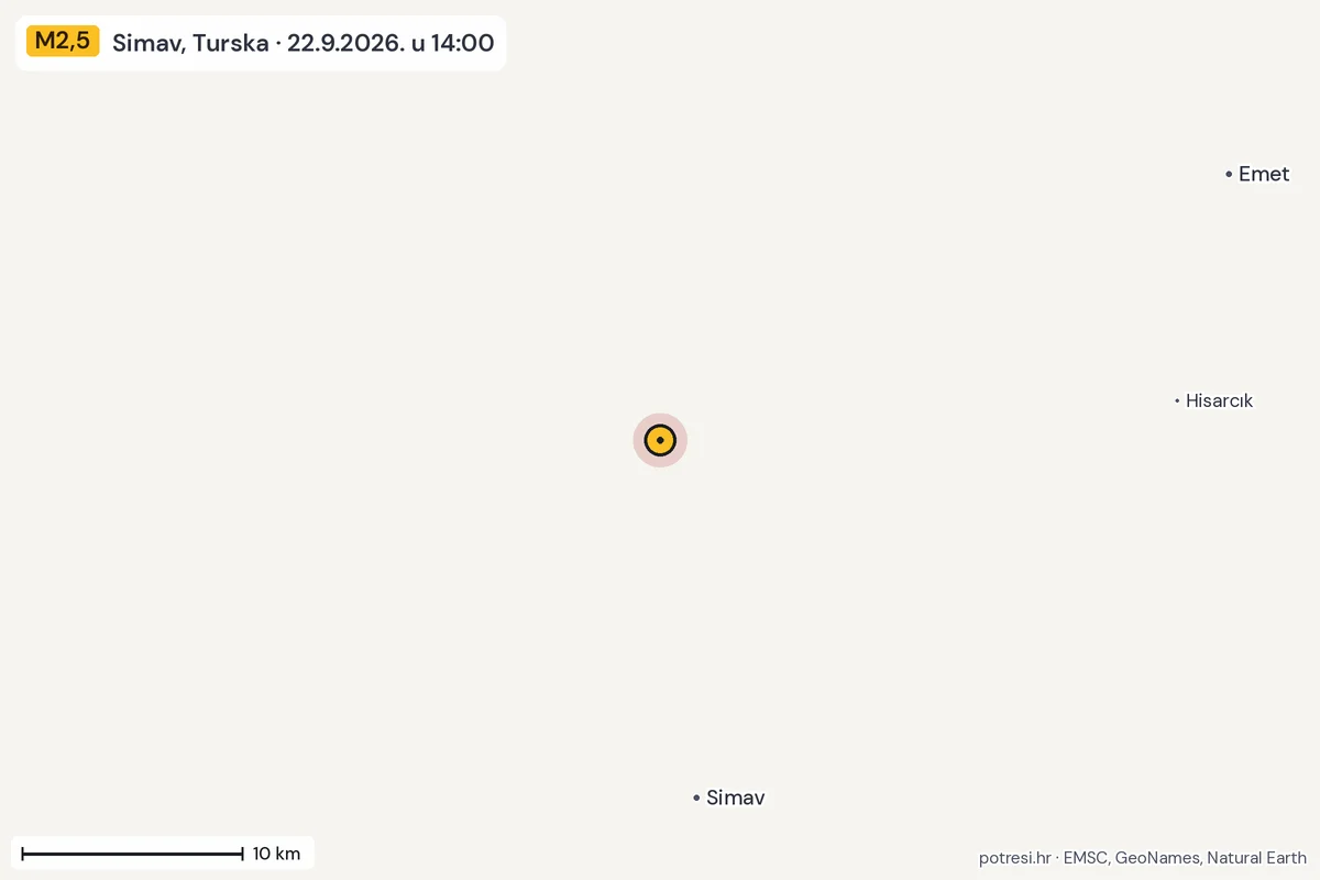 Karta: okolica epicentra, 60 km, potres M2,5, Simav, Turska, 22.9.2026.