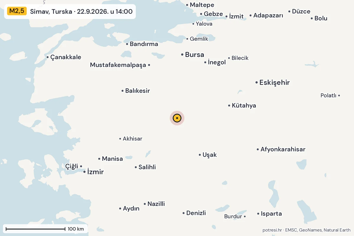 Karta: šire područje, 600 km, potres M2,5, Simav, Turska, 22.9.2026.