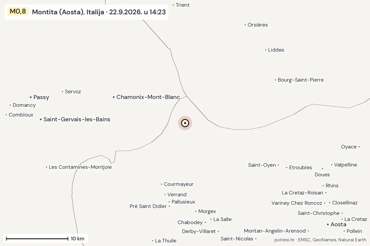 Karta: okolica epicentra, 60 km, potres M0,8, Montita (Aosta), Italija, 22.9.2026.