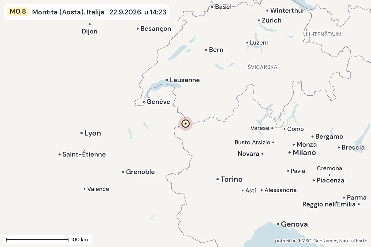 Karta: šire područje, 600 km, potres M0,8, Montita (Aosta), Italija, 22.9.2026.