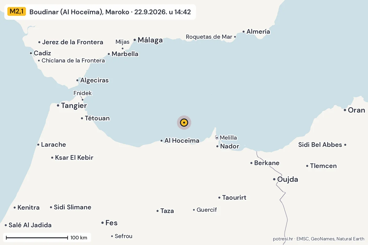 Karta: šire područje, 600 km, potres M2,1, Boudinar (Al Hoceïma), Maroko, 22.9.2026.