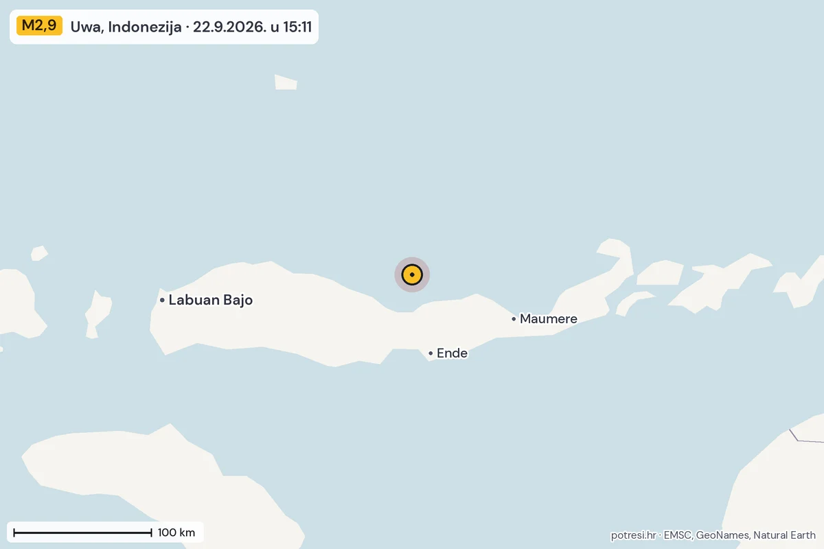 Karta: šire područje, 600 km, potres M2,9, Uwa, Indonezija, 22.9.2026.