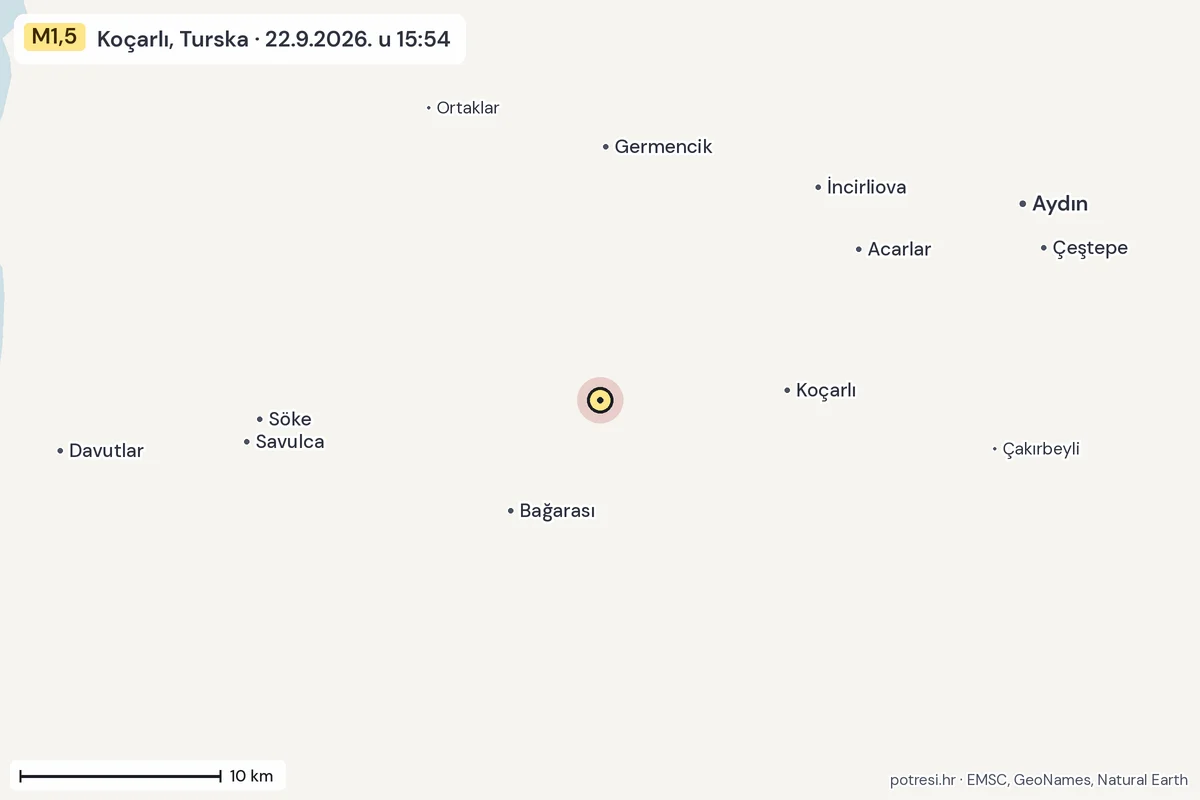 Karta: okolica epicentra, 60 km, potres M1,5, Koçarlı, Turska, 22.9.2026.