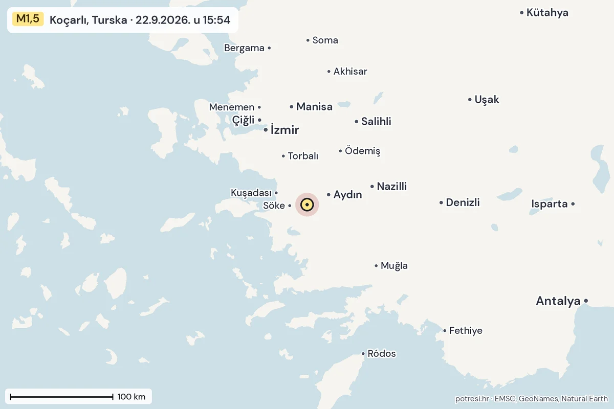 Karta: šire područje, 600 km, potres M1,5, Koçarlı, Turska, 22.9.2026.