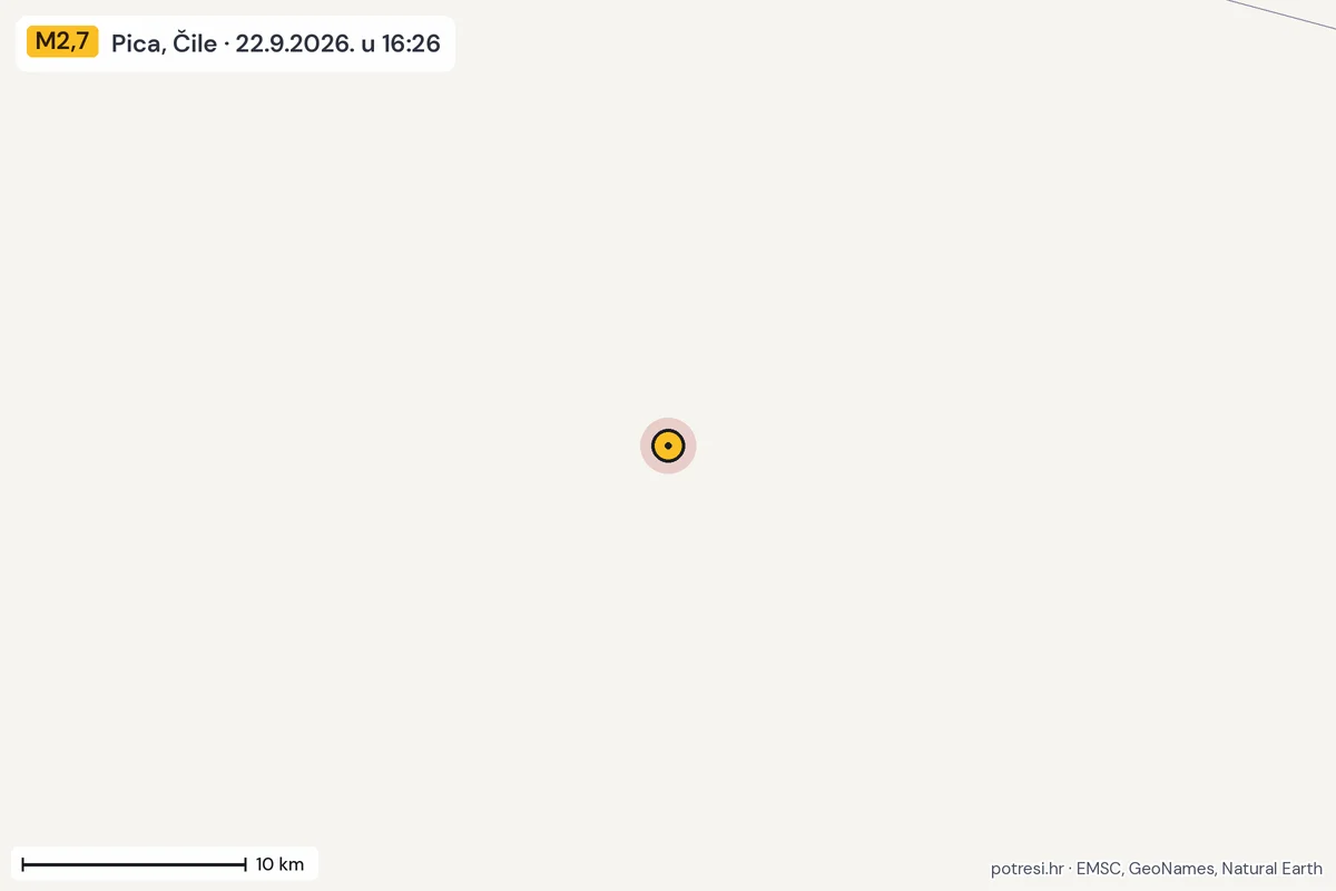 Karta: okolica epicentra, 60 km, potres M2,7, Pica, Čile, 22.9.2026.