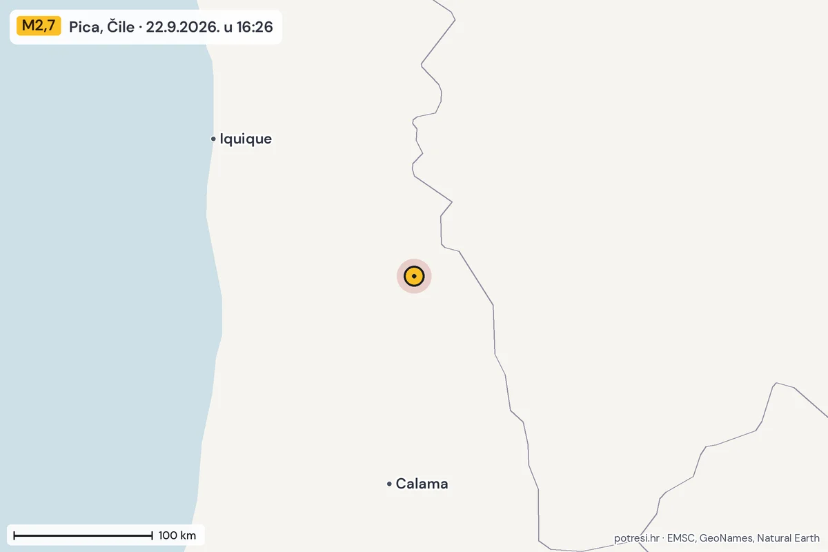 Karta: šire područje, 600 km, potres M2,7, Pica, Čile, 22.9.2026.