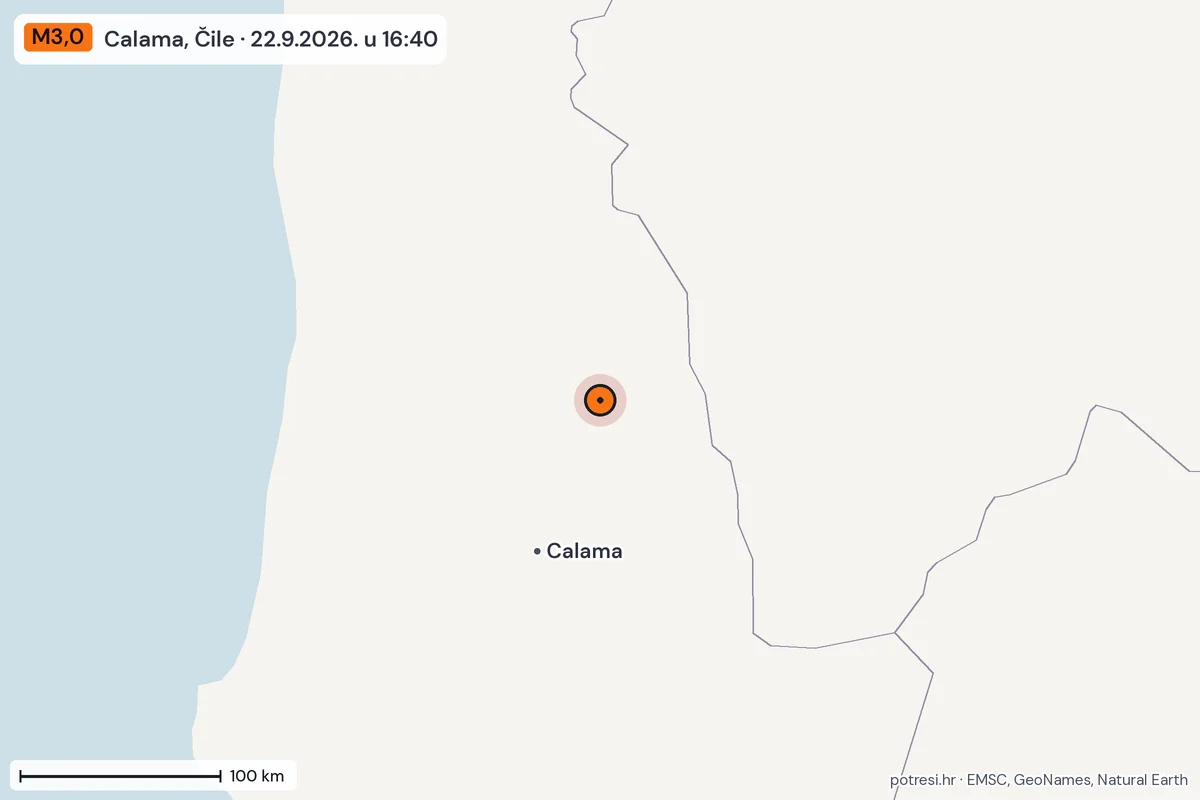 Karta: šire područje, 600 km, potres M3,0, Calama, Čile, 22.9.2026.