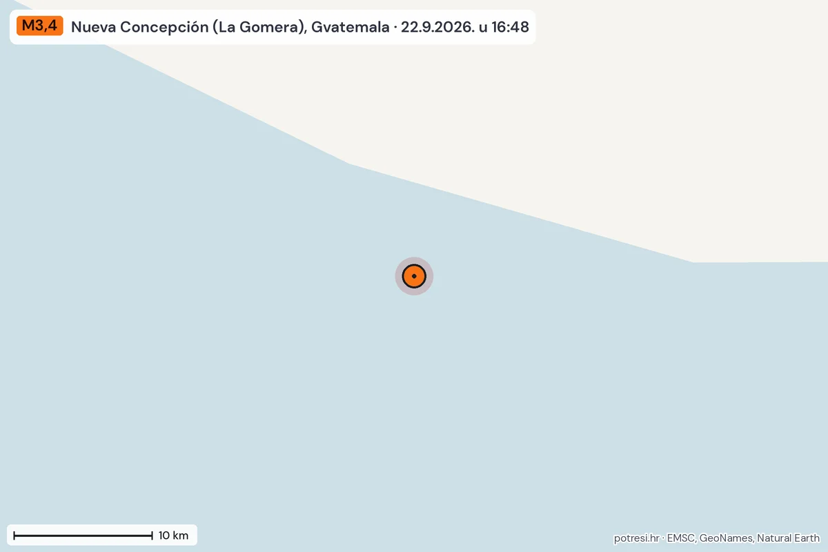Karta: okolica epicentra, 60 km, potres M3,4, Nueva Concepción (La Gomera), Gvatemala, 22.9.2026.