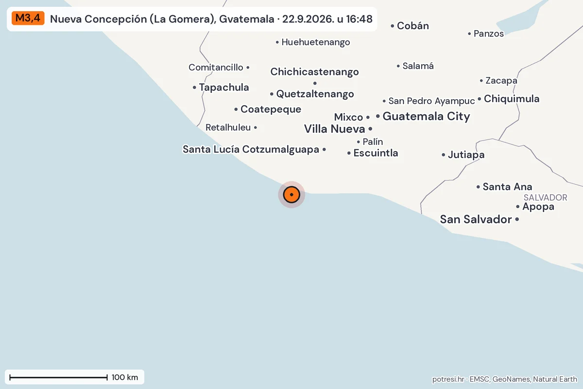 Karta: šire područje, 600 km, potres M3,4, Nueva Concepción (La Gomera), Gvatemala, 22.9.2026.