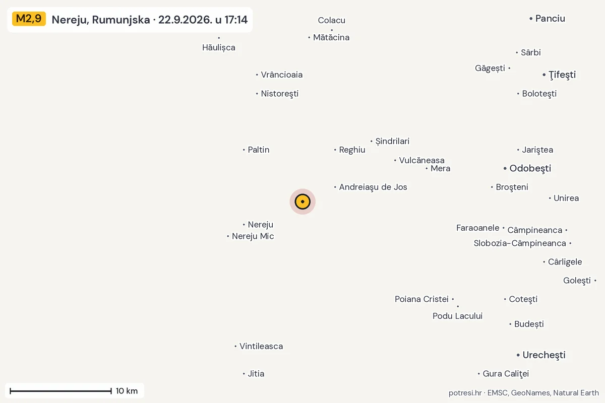 Karta: okolica epicentra, 60 km, potres M2,9, Nereju, Rumunjska, 22.9.2026.