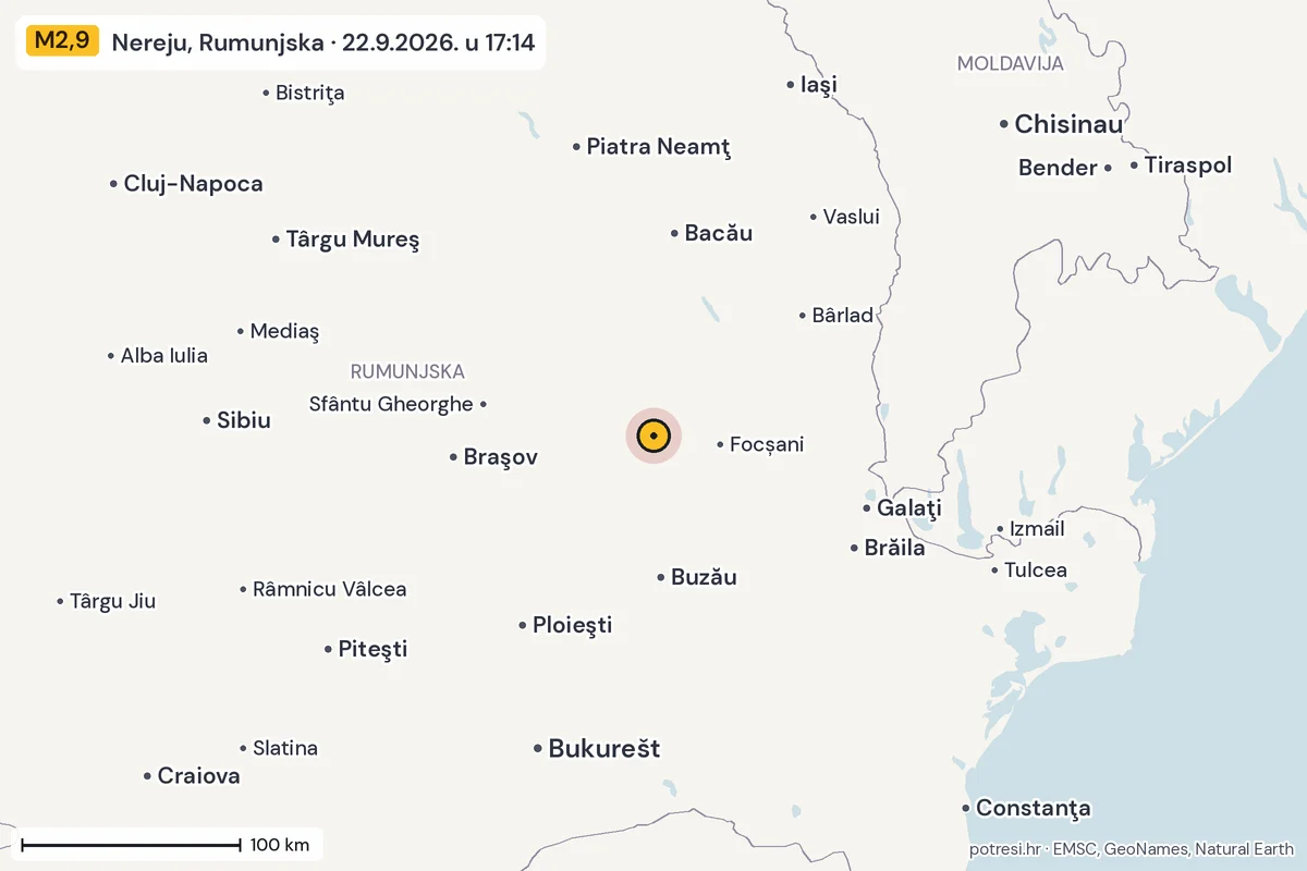 Karta: šire područje, 600 km, potres M2,9, Nereju, Rumunjska, 22.9.2026.