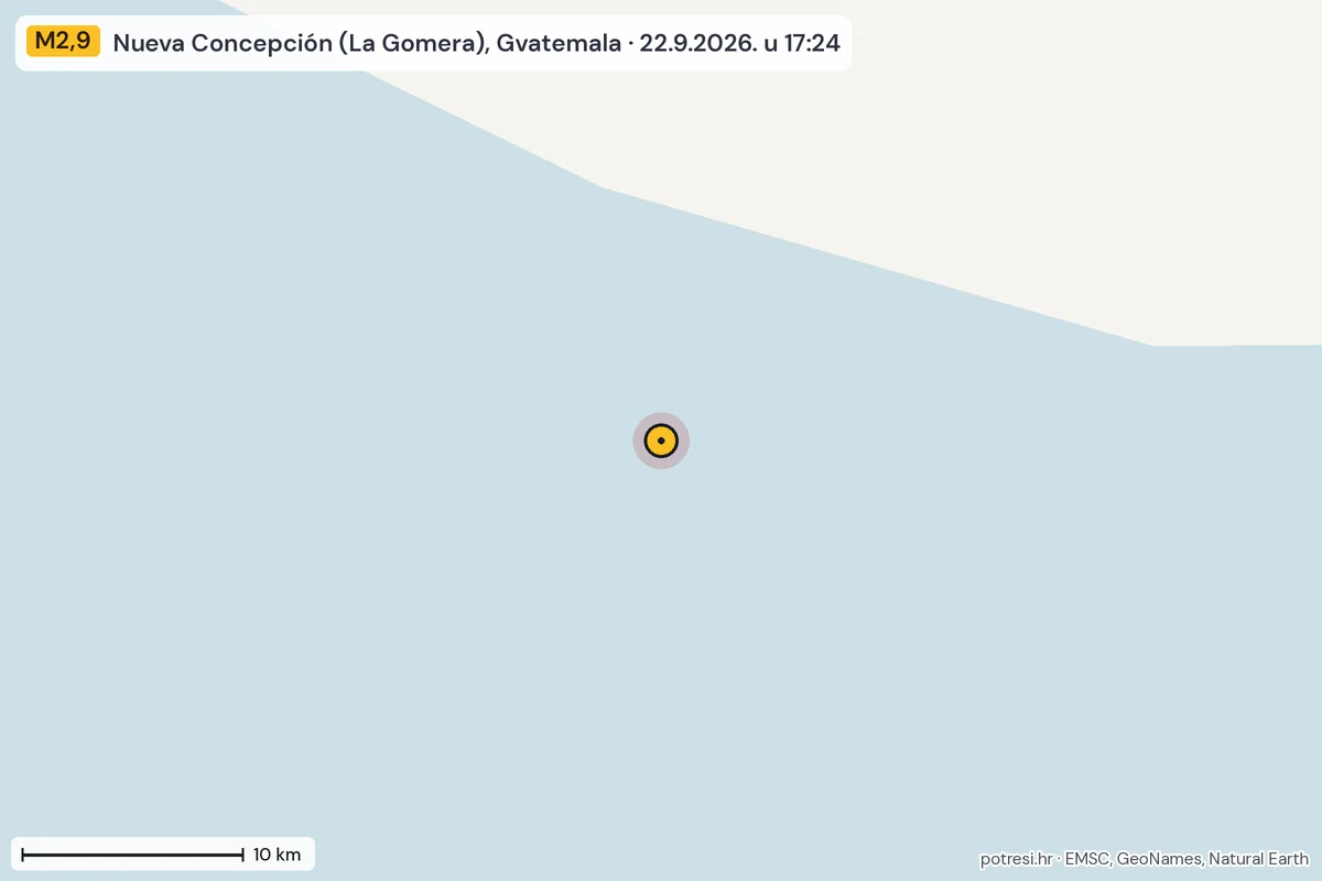 Karta: okolica epicentra, 60 km, potres M2,9, Nueva Concepción (La Gomera), Gvatemala, 22.9.2026.