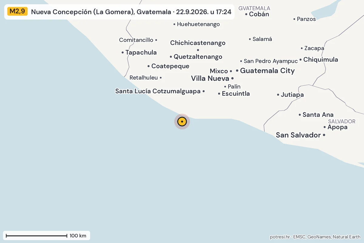 Karta: šire područje, 600 km, potres M2,9, Nueva Concepción (La Gomera), Gvatemala, 22.9.2026.