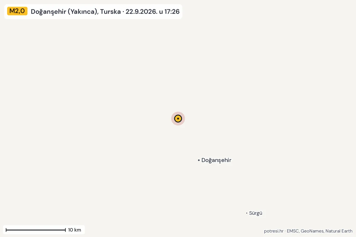 Karta: okolica epicentra, 60 km, potres M2,0, Doğanşehir (Yakınca), Turska, 22.9.2026.
