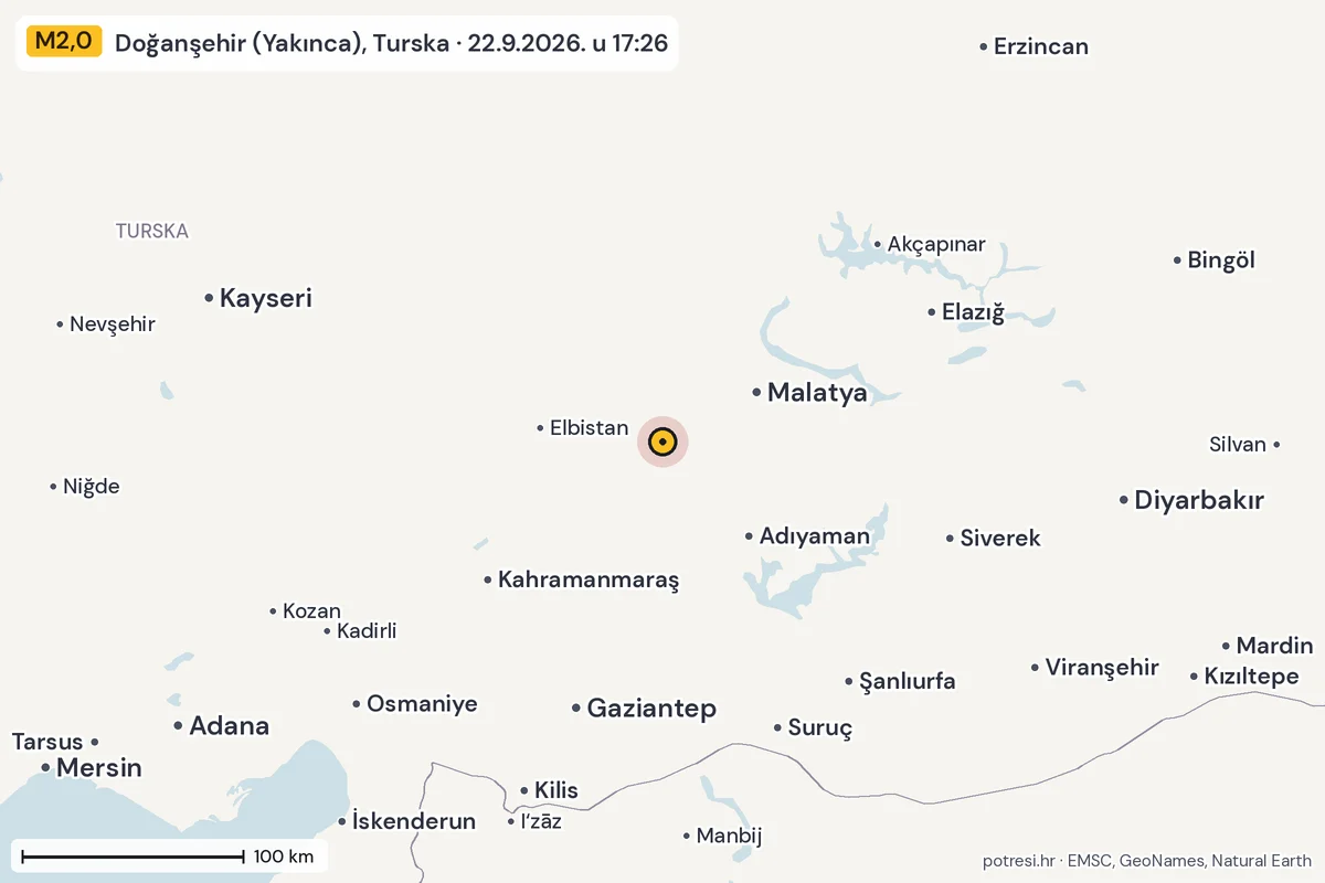 Karta: šire područje, 600 km, potres M2,0, Doğanşehir (Yakınca), Turska, 22.9.2026.