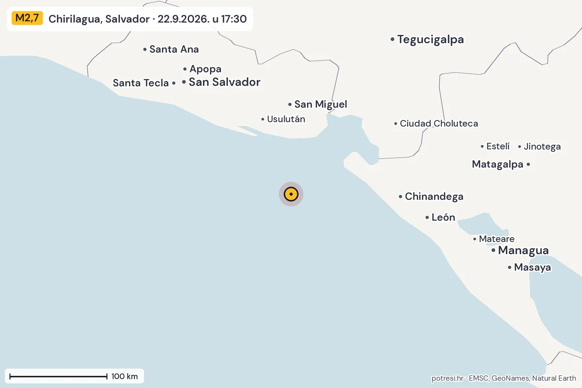 Karta: šire područje, 600 km, potres M2,7, Chirilagua, Salvador, 22.9.2026.